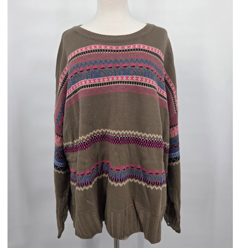NEW Easel Olive Grey Pink Blue Multi Stripe Fair Isle Knit Sweater Size 2X